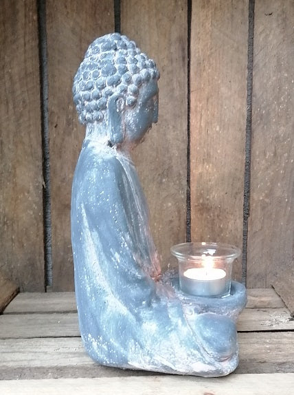 NEU !! Buddha mit Teelichtglas ca. 28 cm hoch aus Beton / Zement Dekoration Skulptur Figur Buddhismus Indien Religion Statue