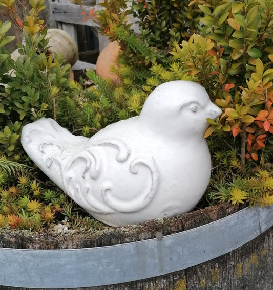 NEU !! 2. Wahl ! Vogel aus frostfesten Steinzeug weißlich glasiert ca. 16 cm lang Deko Garten Spatz Figur Taube