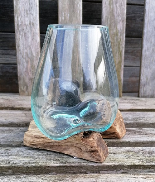 NEU !! Dekoglas Glasvase Windlicht 2 tlg. ca. 15 cm hoch mit Echtholz