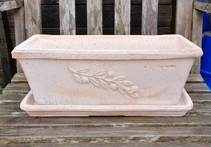 Hochwertiger original italienischer Blumenkasten mit Olivenranke ca. 50 cm breit aus Terracotta, Pflanztopf, Balkonkasten