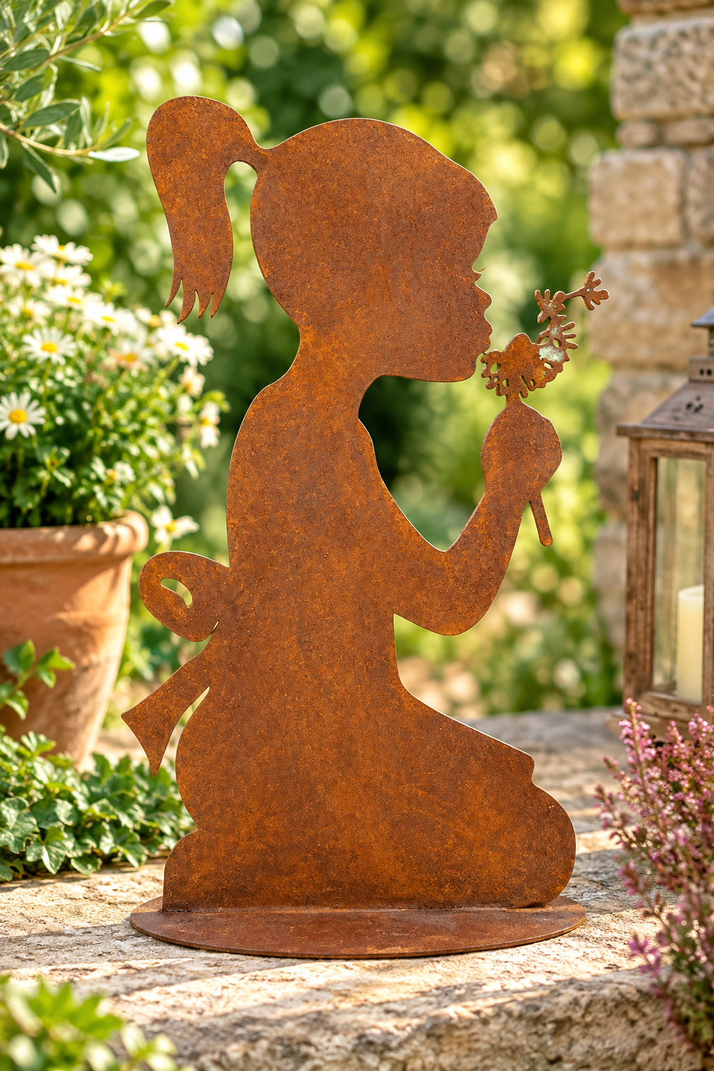 Cooler Deko - Junge mit Vogel ca. 35 cm hoch aus Metall in Edelrost Fensterdeko Deko