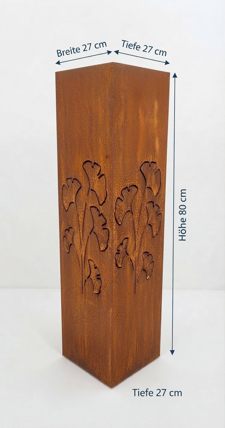 Neu !! Säule / Schalenständer 80 cm hoch mit Ginkoblätter aus Metall in Edelrost