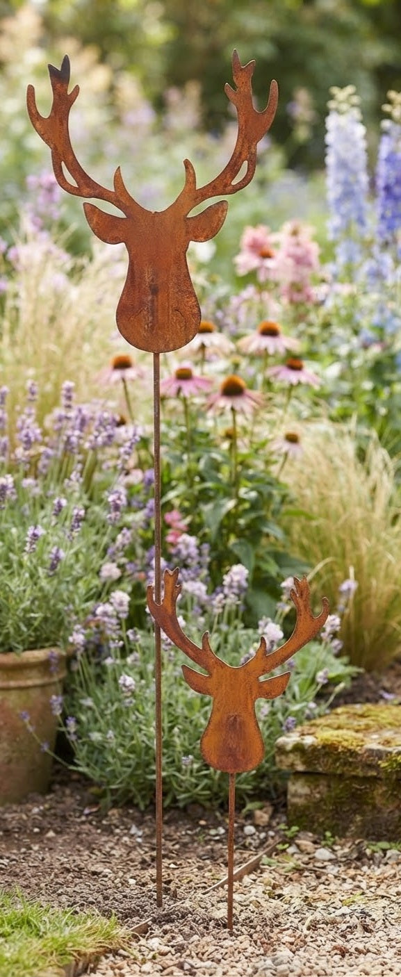 NEU !! 2er Set Gartenstecker Elchkopf 115 + 64 cm lang aus Metall in Edelrost Rankhilfe Deko Geweih Wald Weihnachten Jäger Hirsch