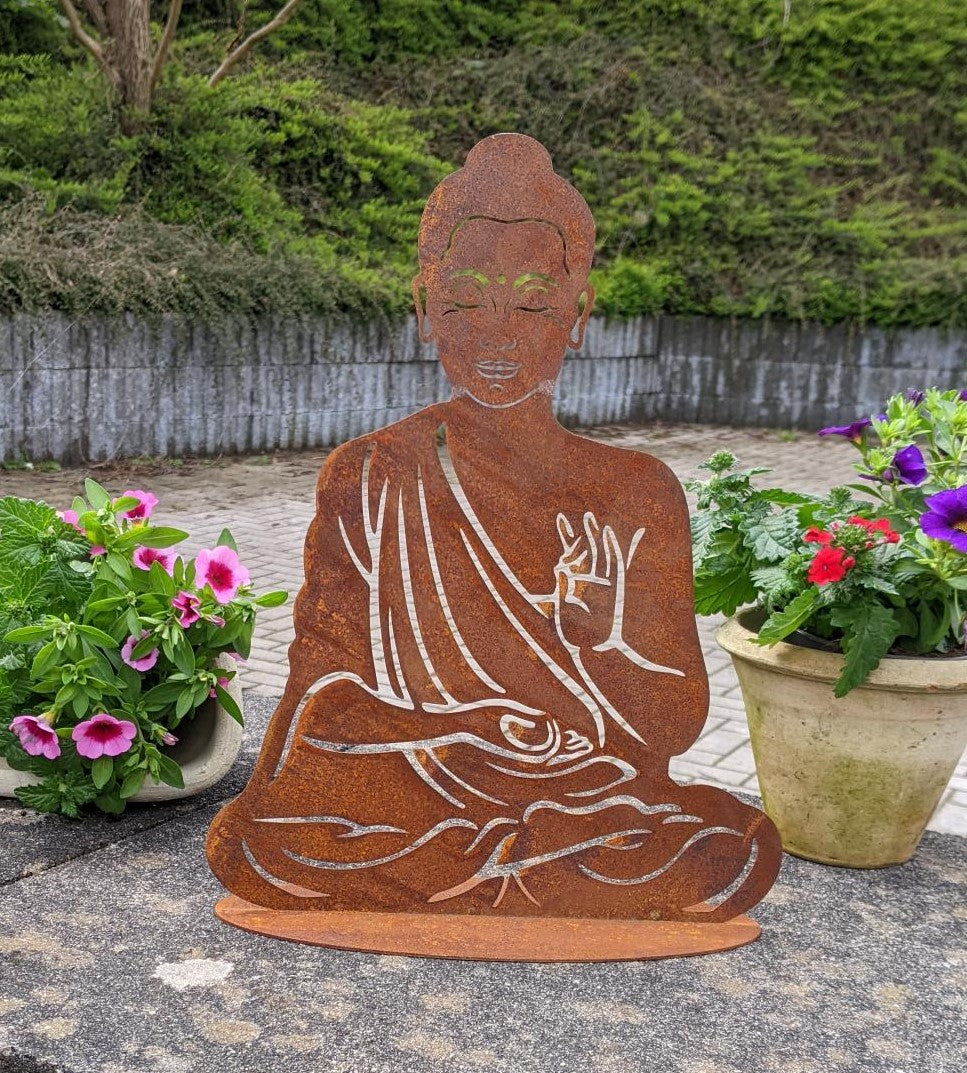 NEU !! Buddha ca. 35 cm hoch aus Metall in Edelrost Dekoration Skulptur Figur Buddhismus Indien Religion