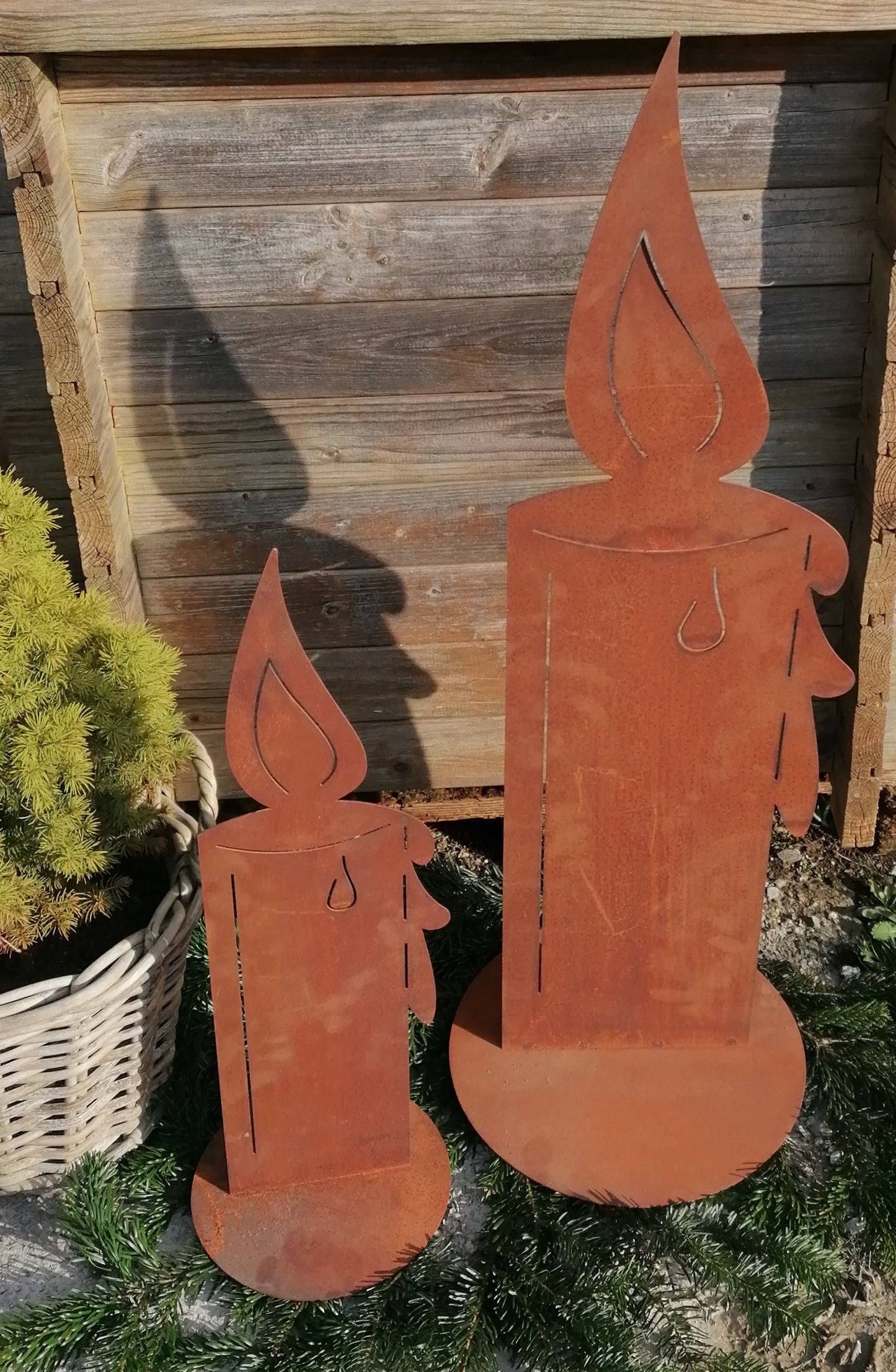 Sehr dekorative standfeste Kerze ca. 60 cm hoch aus Metall in Edelrost mit Flamme Weihnachten Advent Trauer Beerdigung