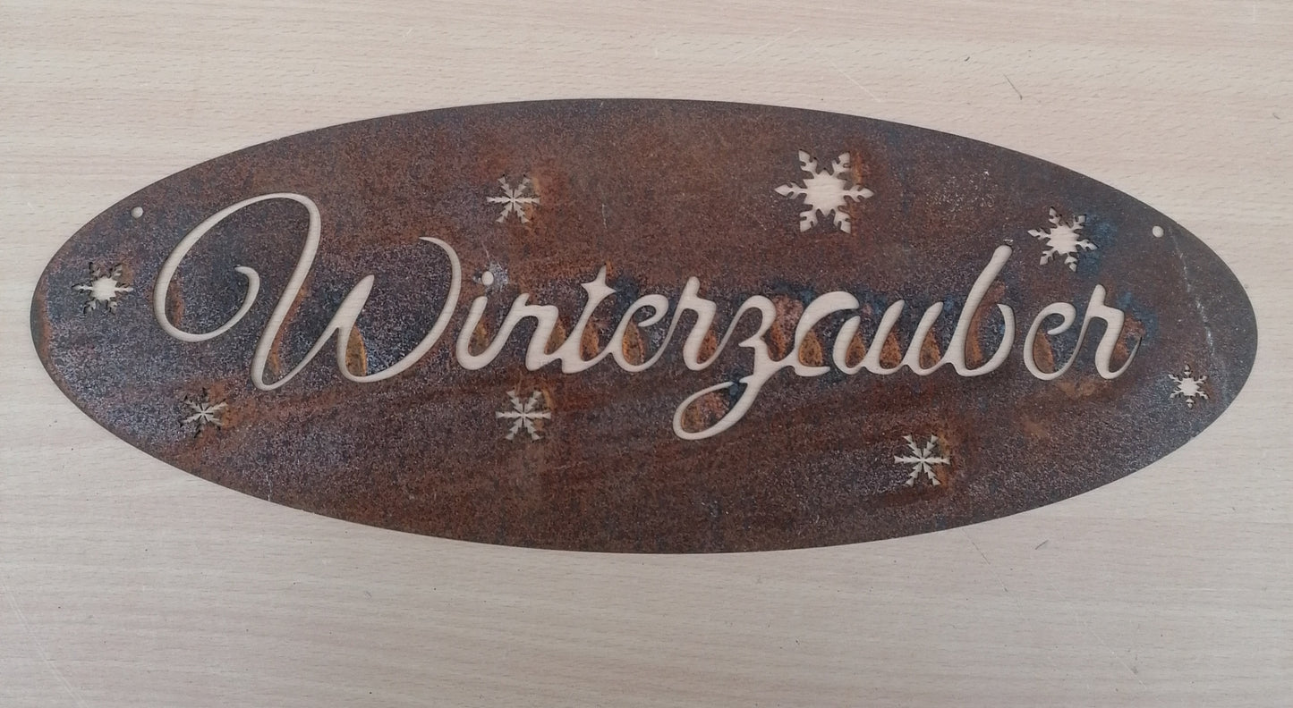 NEU !! Schild " Winterzauber " mit Schneeflocken / Eiskristallen ca. 40 cm breit aus Metall in Edelrost Deko Weihnachtsdeko Winter Weihnachten Advent