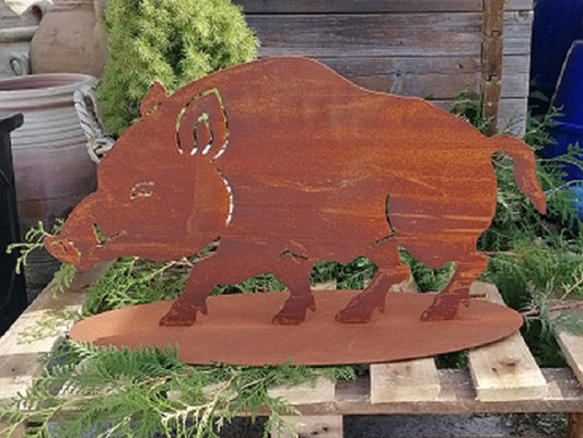 NEU !! Großes Wildschwein ca. 68 cm breit auf Platte, standfest und robust aus Metall in Edelrost Weihnachten Deko Wald Geweih Försterei Tier