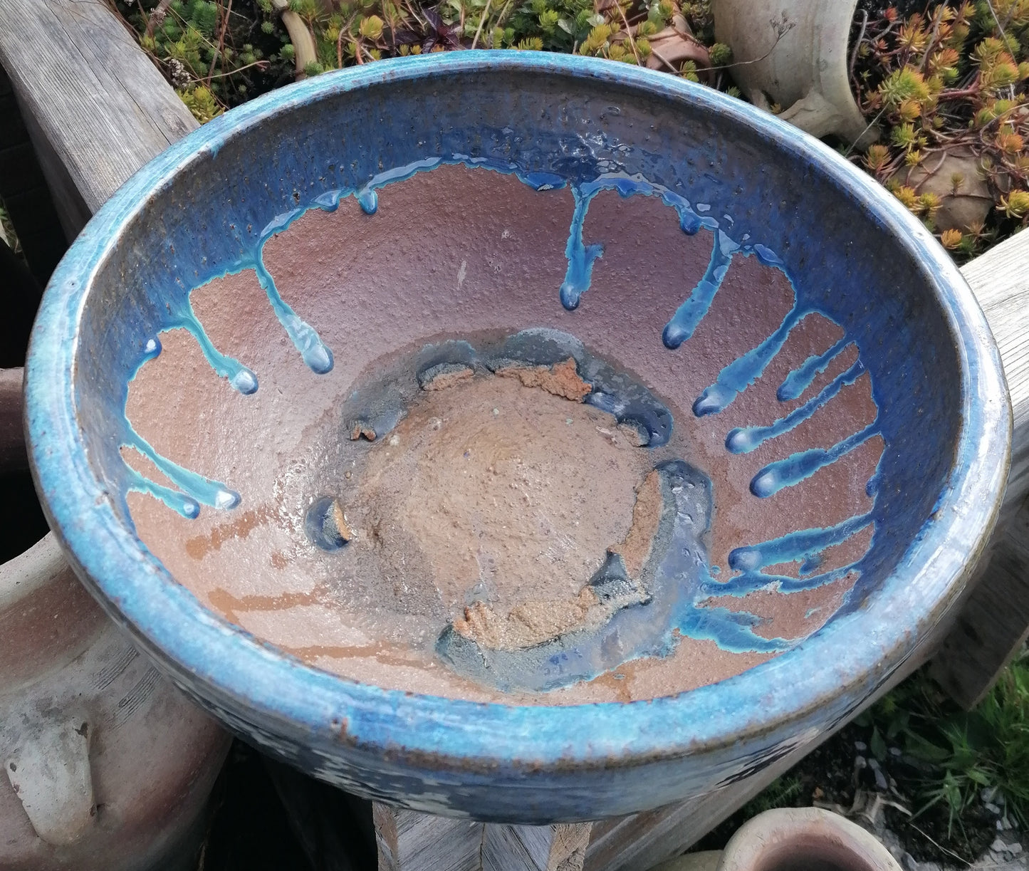 NEU ! B-Ware ! Schöne Schale ø 38 cm aus Steinzeug blaugrau glänzend glasiert , Pflanztopf Blumenkübel Blumentopf Grabschale Bonsai