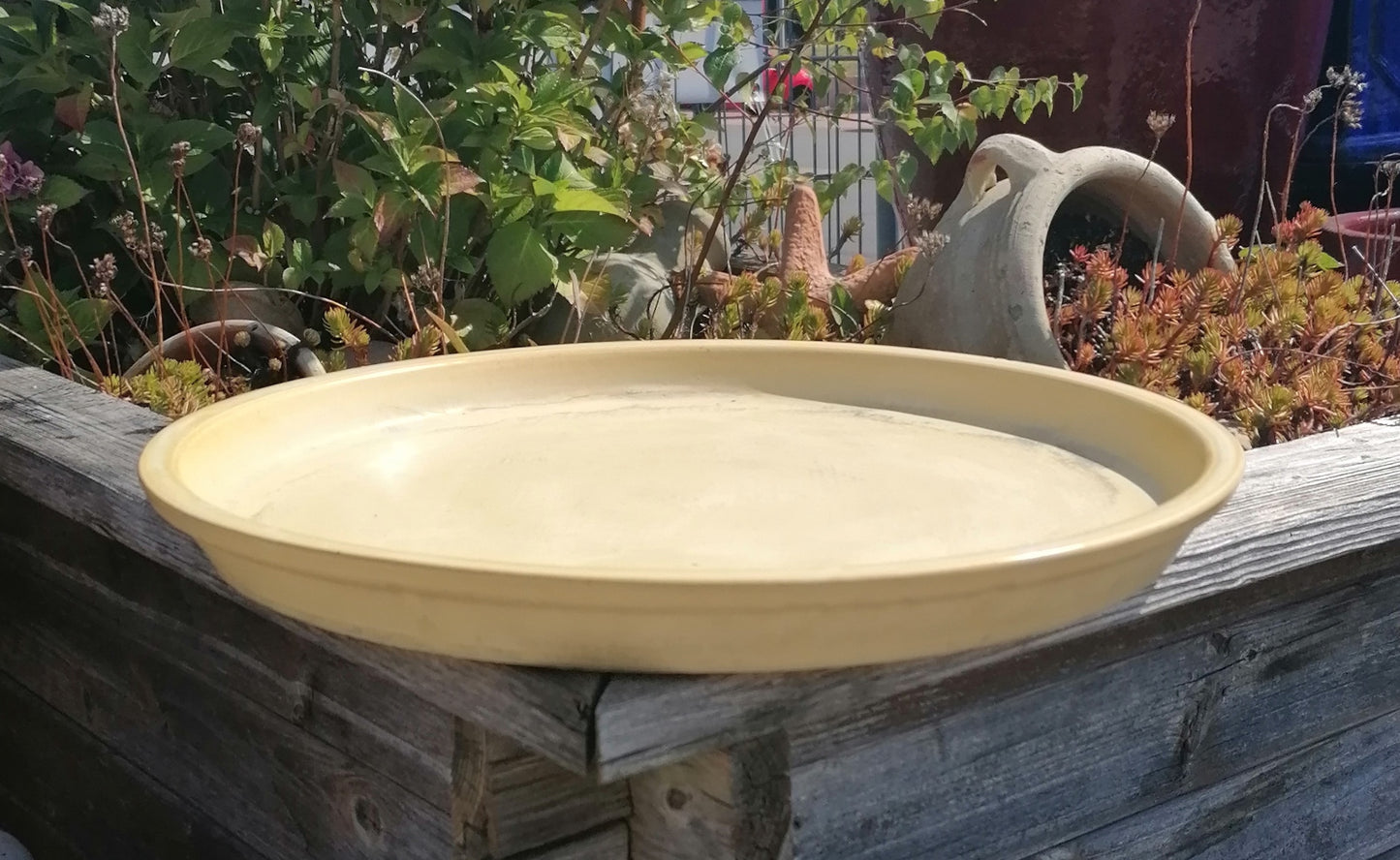 B-WARE !! Großer winterfester Untersetzer Teller Vogeltränke ø ca. 43 cm aus Keramik gelb glasiert Insektentränke Vogelbad Garten Blumentopf