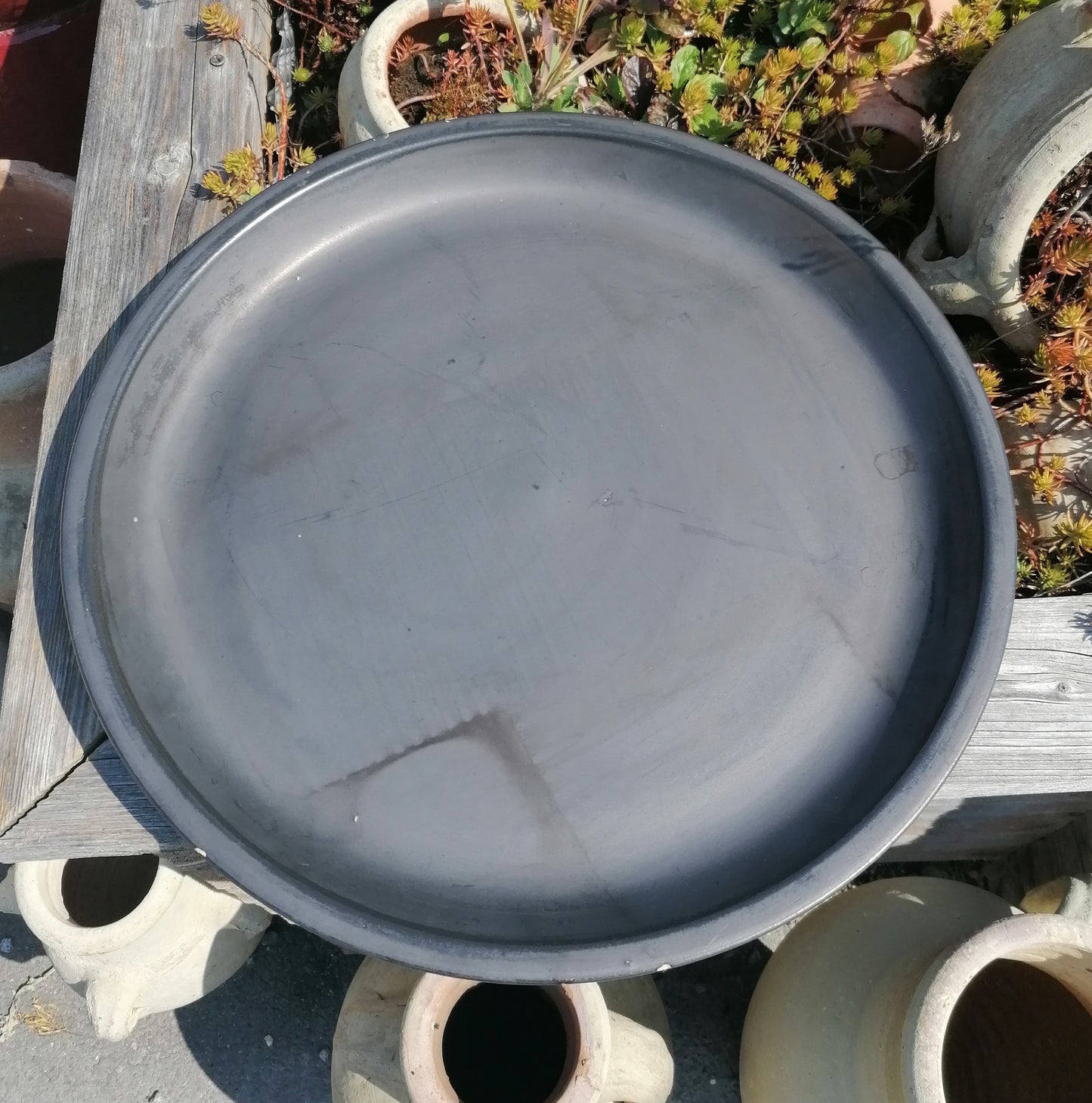 B-WARE !! Großer winterfester Untersetzer Teller Vogeltränke ø ca. 45 cm aus Keramik grau matt glasiert Insektentränke Vogelbad Garten Blumentopf