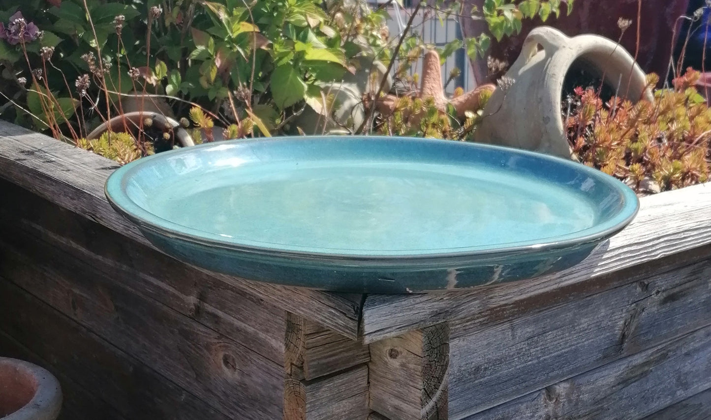 B-WARE !! Großer winterfester Untersetzer Teller Vogeltränke ø ca. 43 cm aus Keramik türkis glänzend glasiert Insektentränke Vogelbad Garten Blumentopf