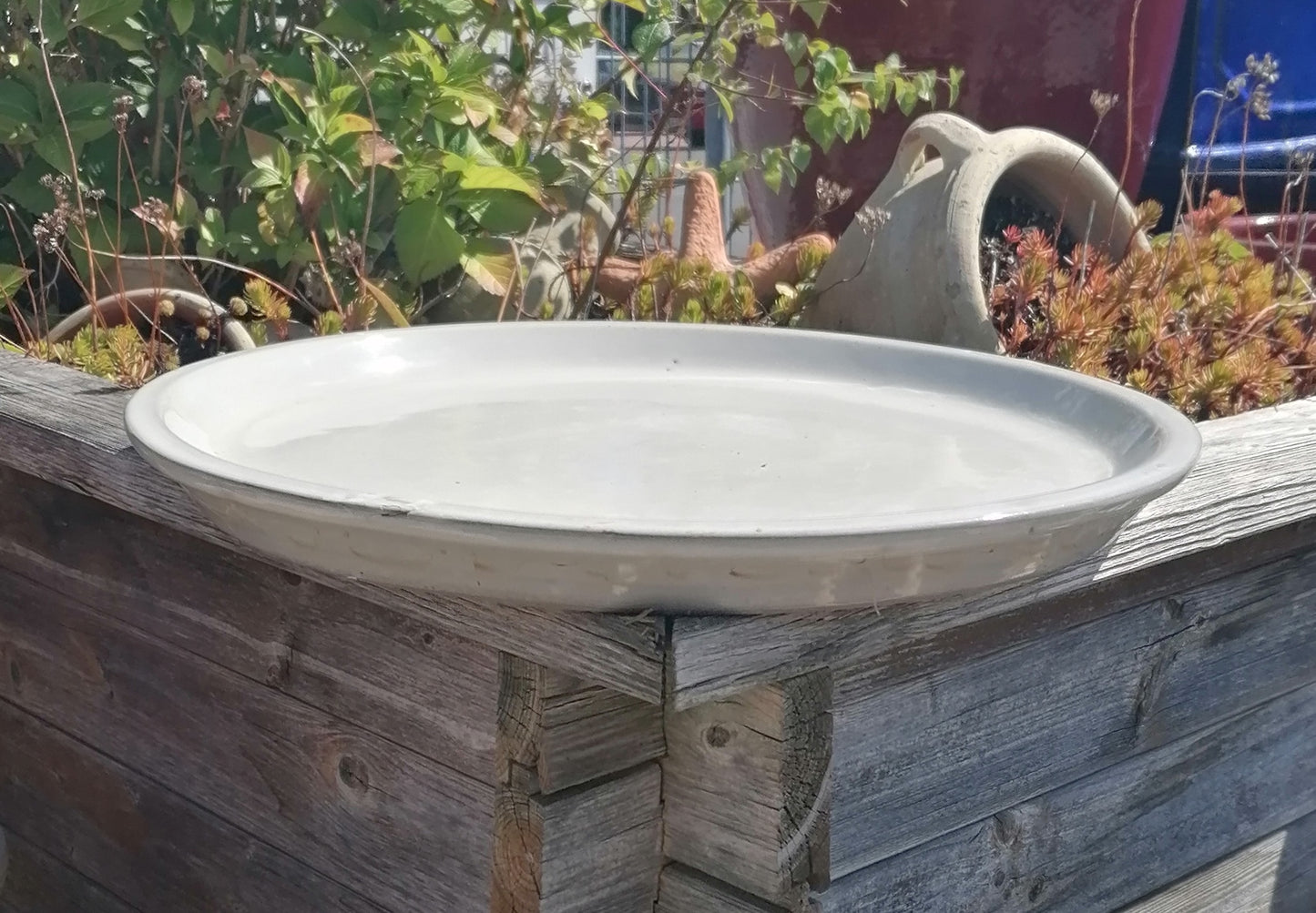 B-WARE !! Großer winterfester Untersetzer Teller Vogeltränke ø ca. 43 cm aus Keramik weißgrau glasiert Insektentränke Vogelbad Garten Blumentopf