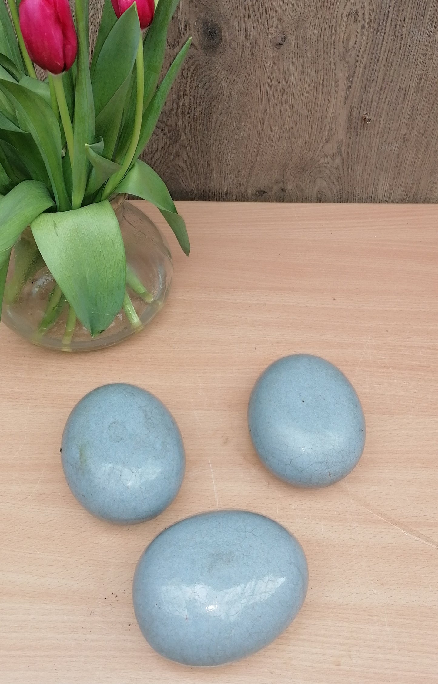 NEU !! 3er Set kleine ovale Eier - Steine aus frostfesten doppeltglasierten hellgrauen Steinzeug Dekoration