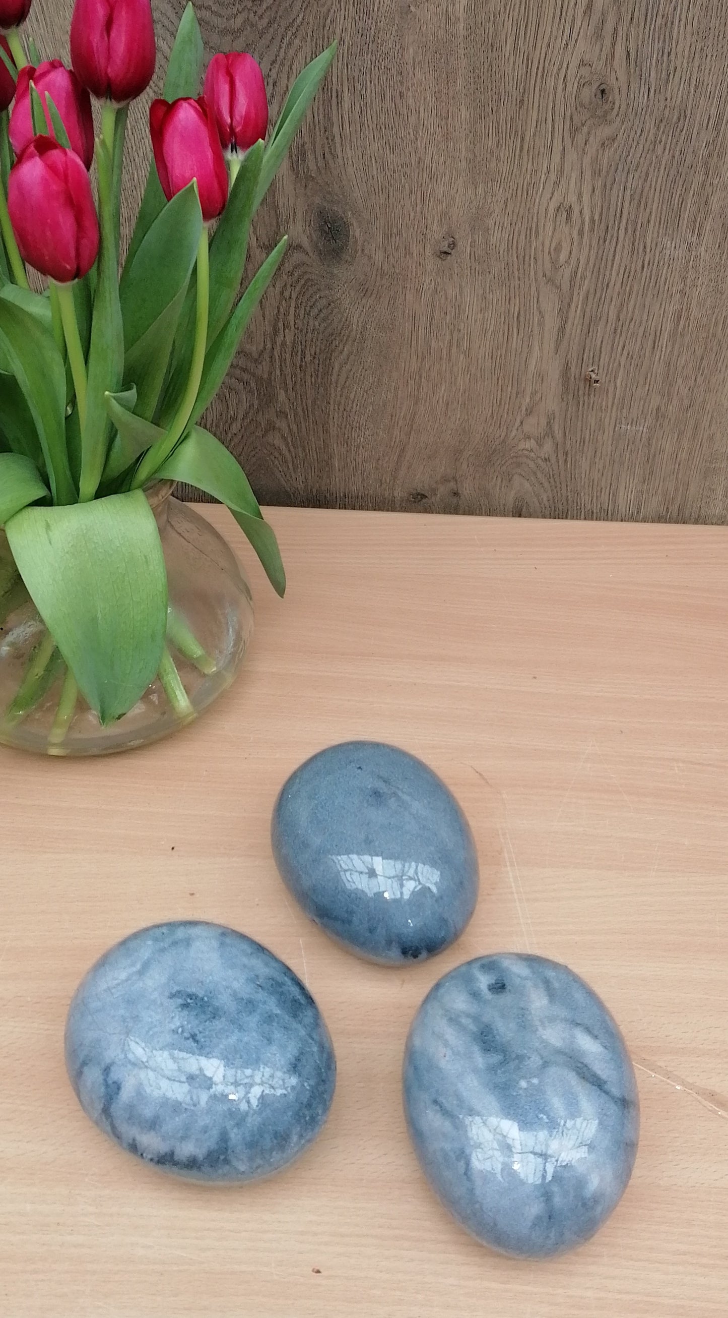 NEU !! 3er Set kleine ovale Eier - Steine aus frostfesten doppeltglasierten graublau marmorierten Steinzeug Dekoration