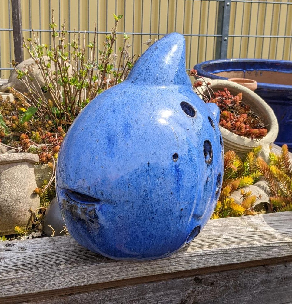B-Ware !! Großer Deko Fisch beleuchtbar aus frostfesten Steinzeug blau glasiert ca. 38 cm lang Deko Garten Wasser Teich Windlicht WasserspeierFigur