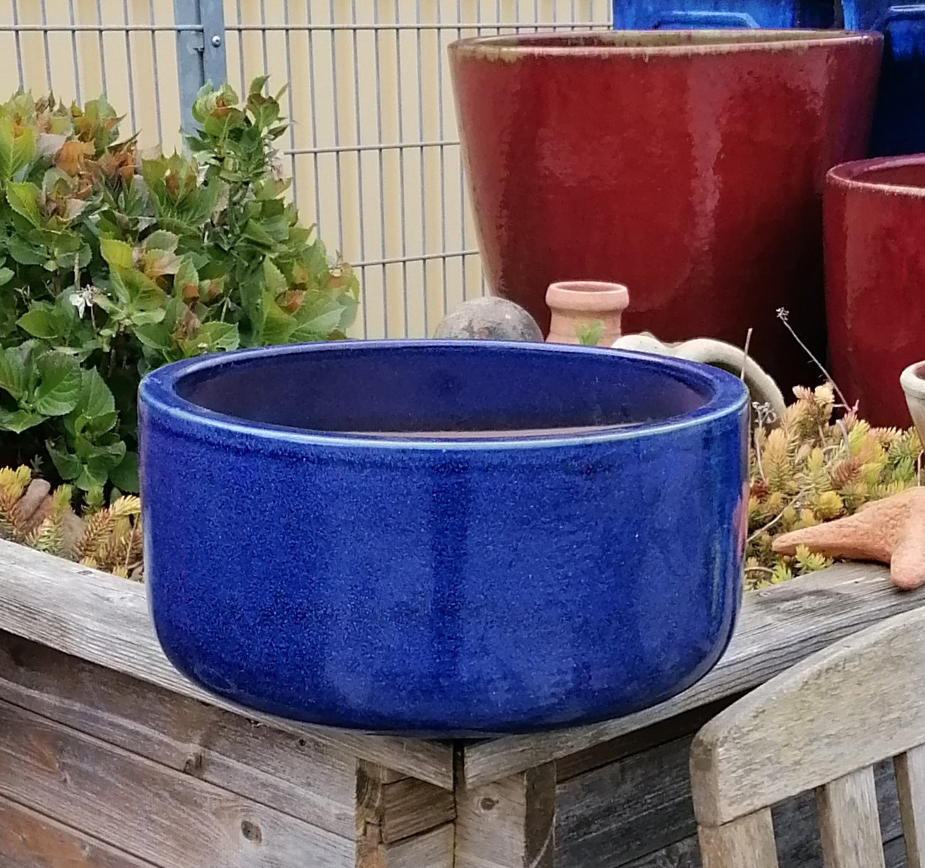 Pflanzschale ø 38 cm aus Steinzeug blau glasiert , Pflanztopf Blumenkübel Blumentopf