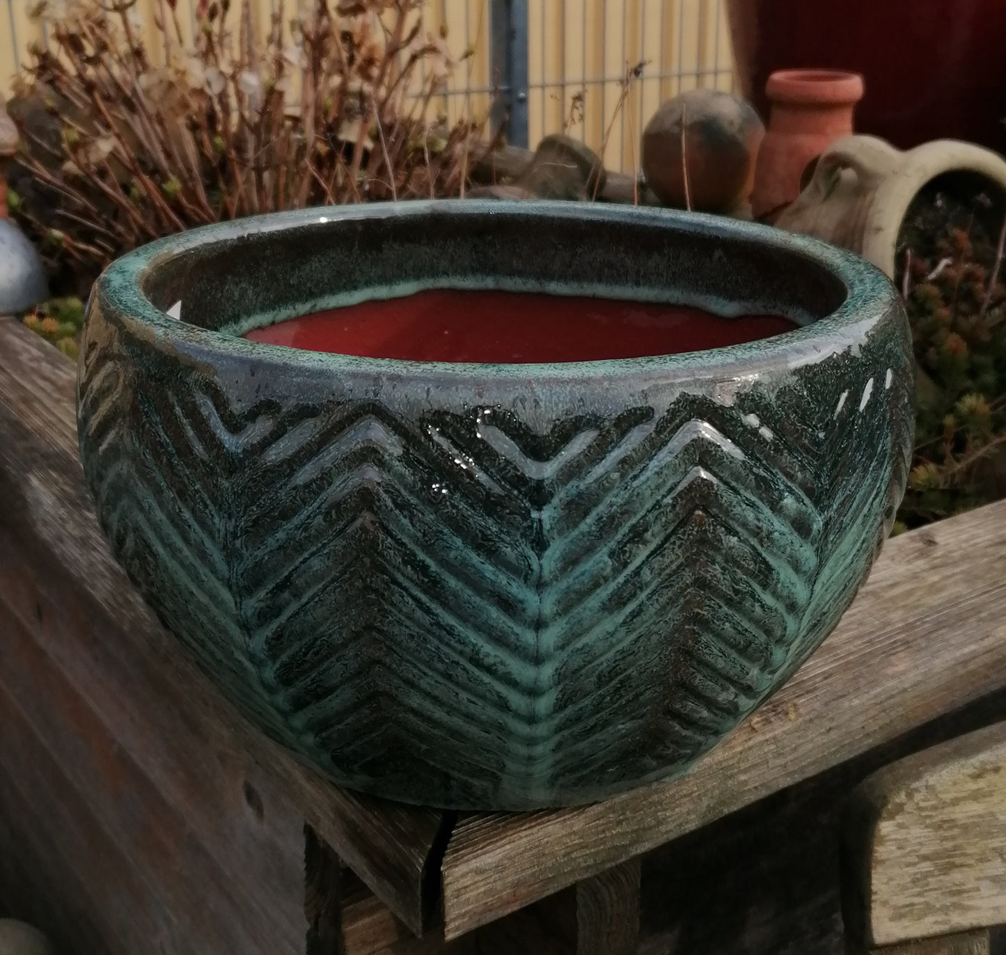 NEU !! Pflanzschale mit Dekor ø ca. 27 cm aus winterfesten Steinzeug grünschwarz glasiert Pflanztopf, Blumenkübel