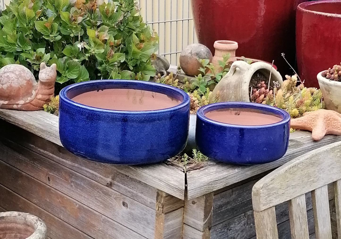 NEU !! 2 er Set Pflanzschalen ø 21 cm +ø 30 cm aus Steinzeug blau glasiert , Pflanztopf Blumenkübel Blumentopf