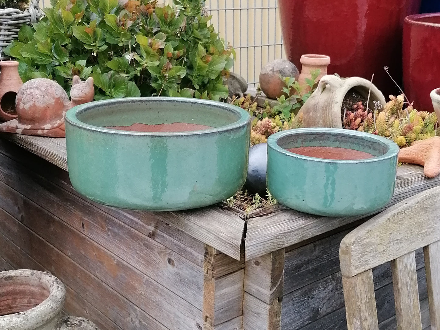 NEU !! 2 er Set Pflanzschalen ø 21 cm +ø 30 cm aus Steinzeug honiggelb / ocker glasiert , Pflanztopf Blumenkübel Blumentopf