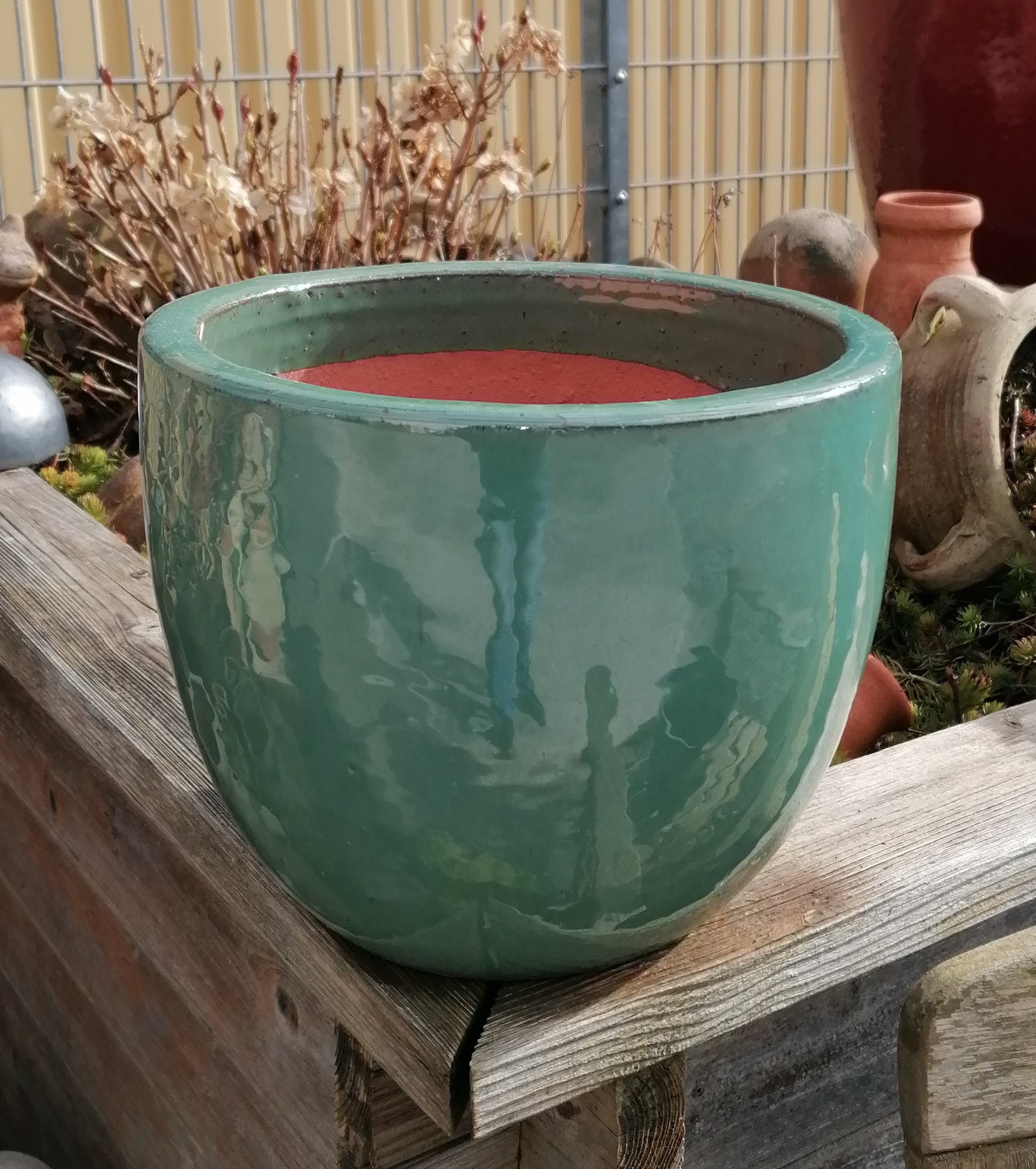 Neu ! Blumentopf grün hochglänzend glasiert ø ca. 25 cm aus frostfeste – La Casa