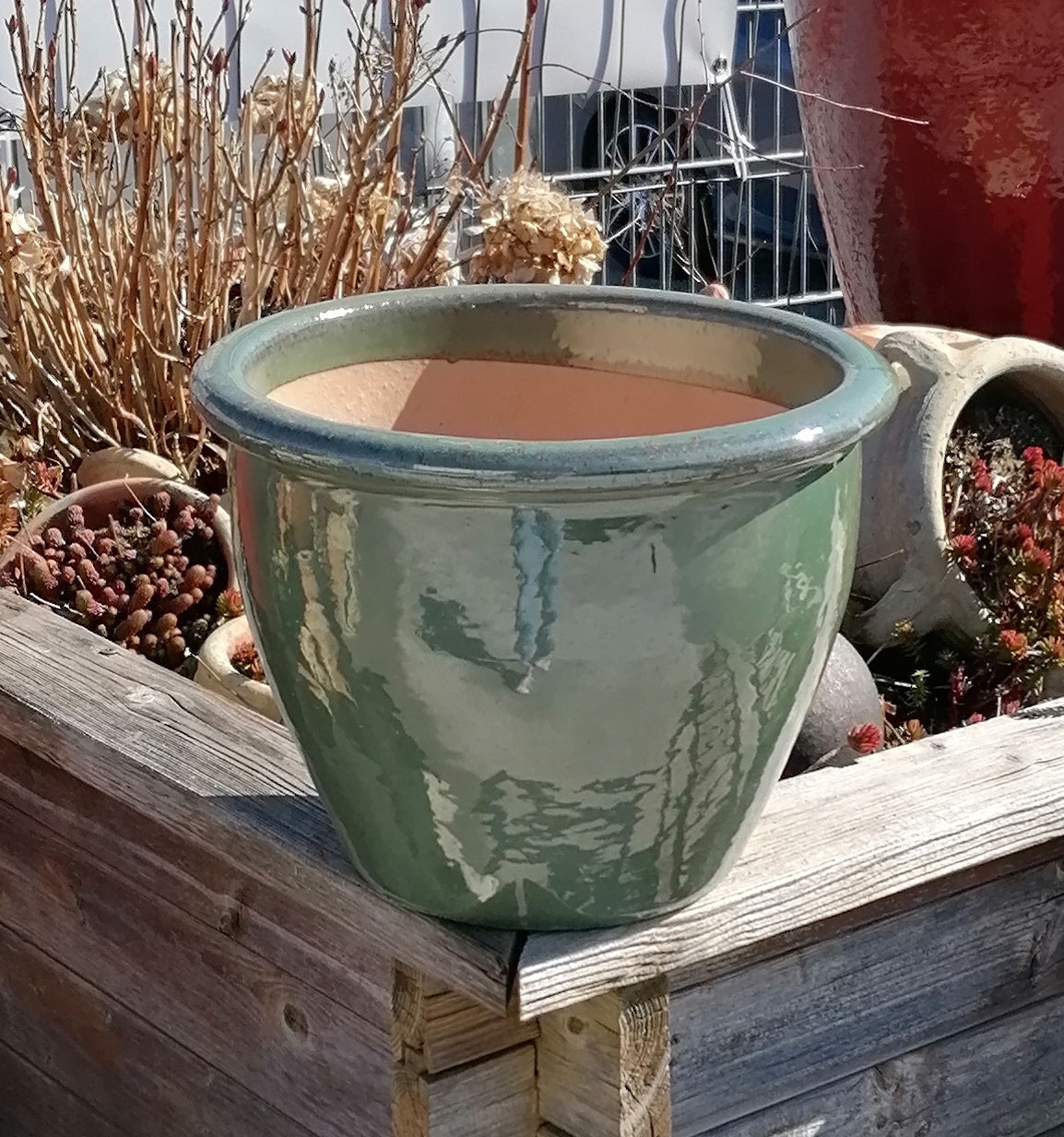 Neu !! Kleiner winterfester Blumentopf grün hochglänzend glasiert ø ca – La  Casa