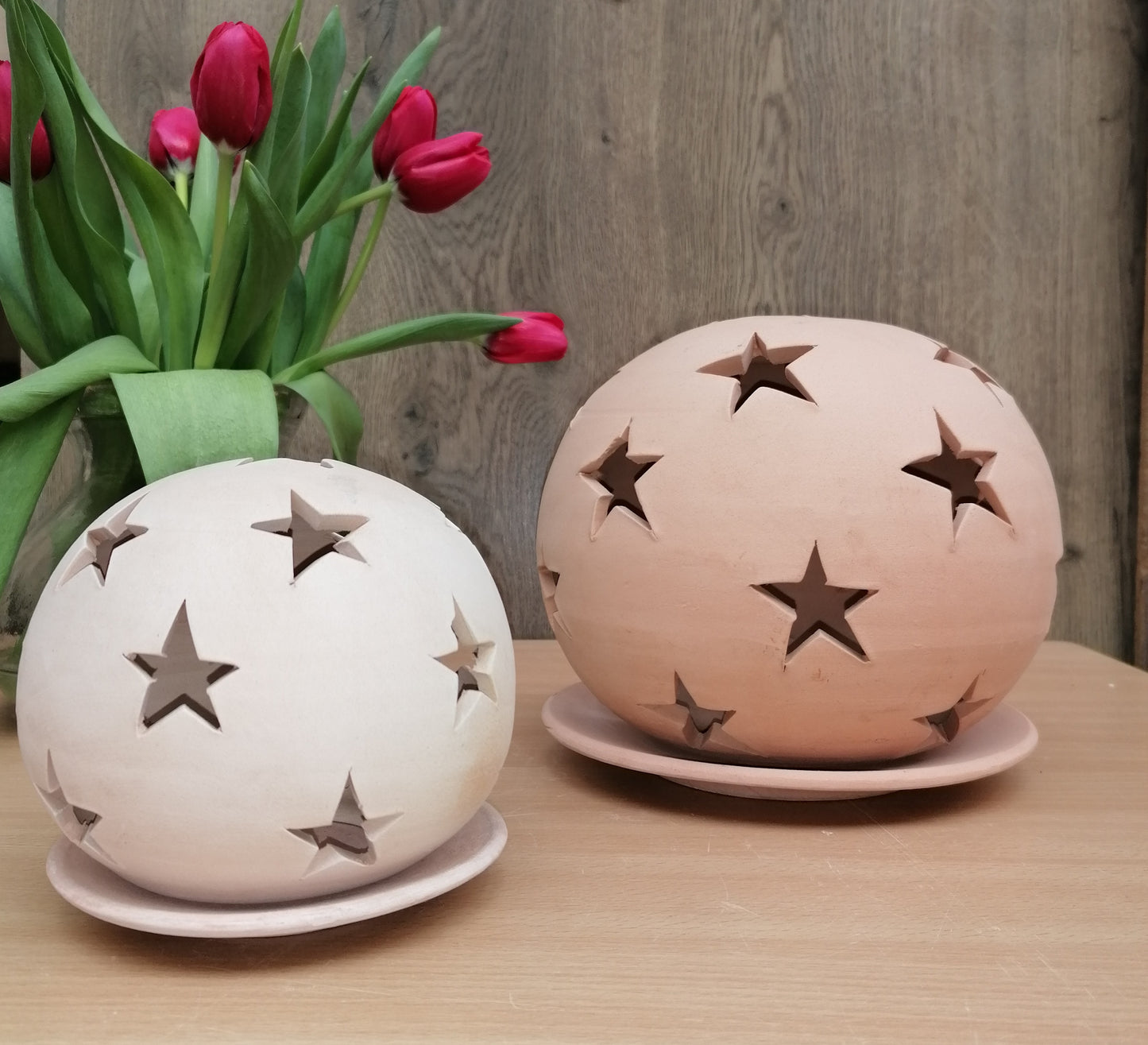 Windlicht ø ca. 20 cm mit Sternenmotiv , 2 tlg. aus Terracotta