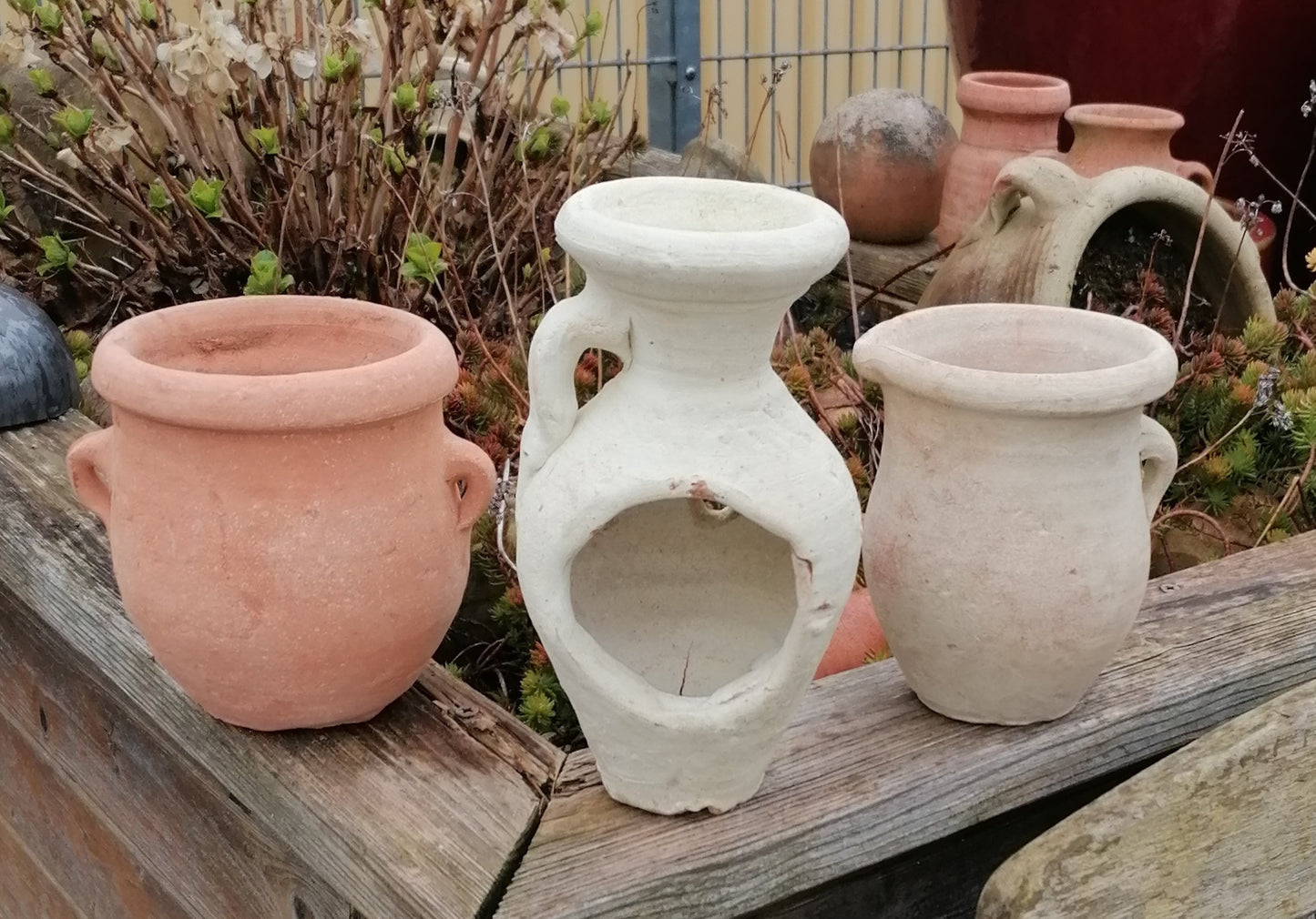 2.Wahl !! 3er Set Kleine rustikale Amphoren mit Henkel ca. 20 cm + 15 + 13 cm hoch aus Terracotta, Vasen,