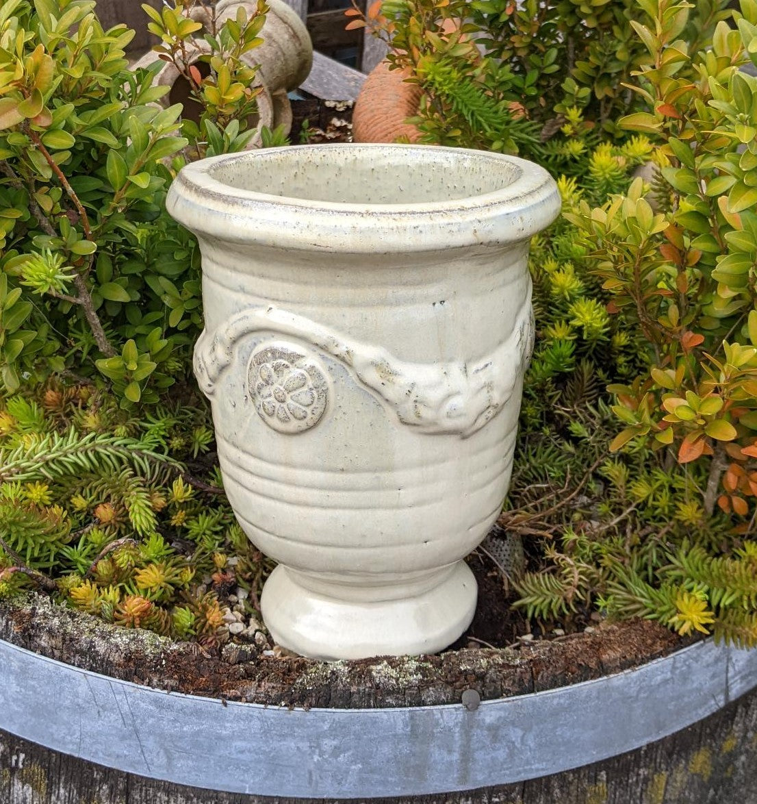 Neu !! Kleiner cremefarbener Pokal Blumentopf aus winterfesten Steinzeug ca. 22 cm hoch