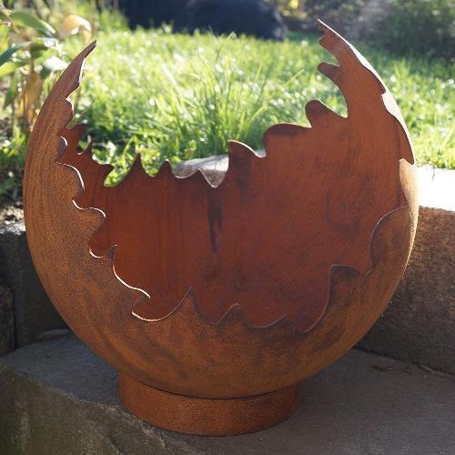 Feuerkugel ø 50 cm aus Metall in Edelrost, Pflanzkugel Dekokugel mit Standring