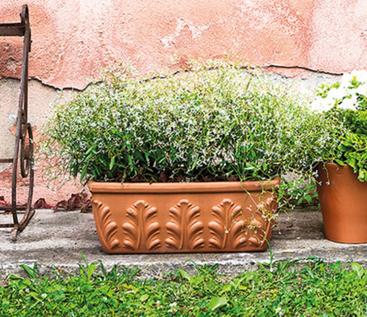 Orig. ital. Blumenkasten mit Dekor 42 cm breit aus Terracotta, Pflanztopf, Balkonkasten, Pflanzkasten, Terrakotta, Garten ,