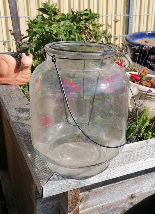 Windlicht Glas 30 cm hoch mit Henkel Hängewindlicht