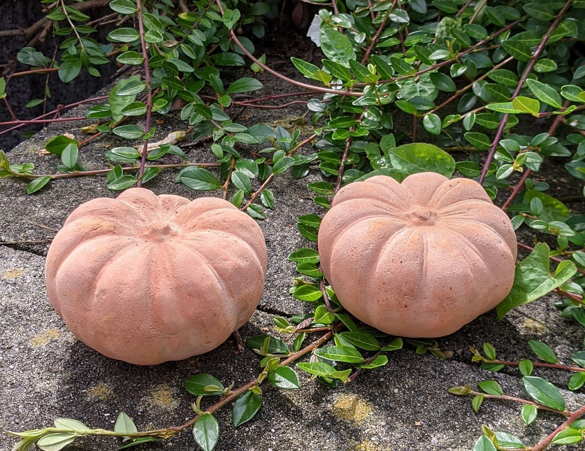 2. Wahl!! Aktion 3er Set Kürbisse 14 + 7 cm hoch aus Terracotta Herbstdeko Erntedankfest Halloween