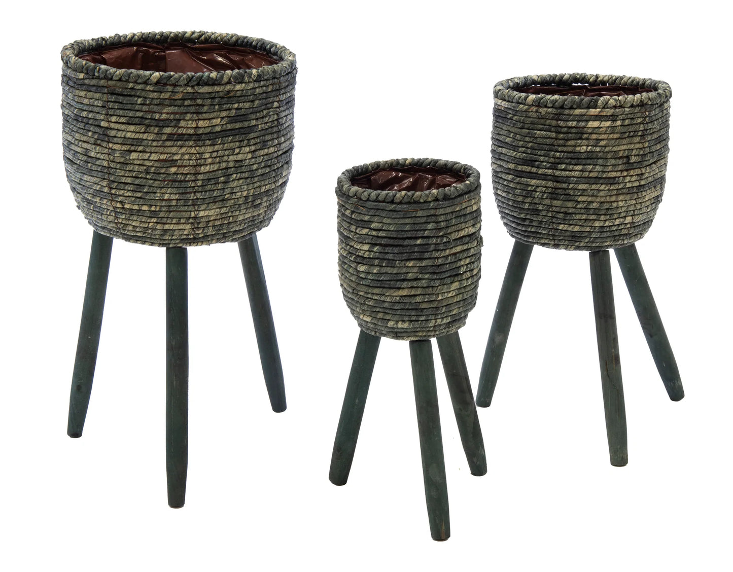 Neu !! 3er Set Pflanzkörbe mit Holzbeinen ca. 60 cm, 56 cm und 46 cm hoch aus Seegras