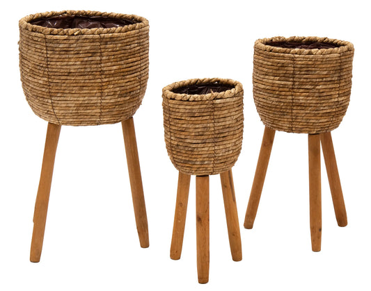 Neu !!   3er Set Pflanzkörbe mit Holzbeinen  ca. 60 cm, 56 cm und 46 cm  hoch aus Seegras