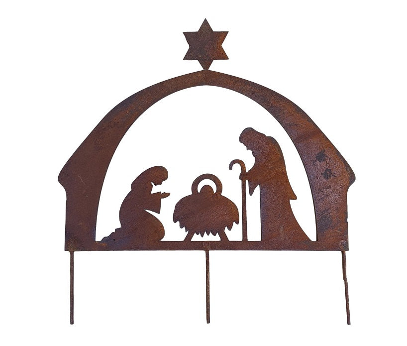 Gartenstecker Krippe 40 cm breit aus Metall in Edelrost Weihnachten Advent Beetstecker Deko Kirche Glaube