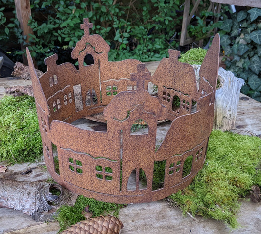 Dekoring Dorf 30 cm breit aus Metall in Edelrost Kranz Advent Weihnachtsdeko