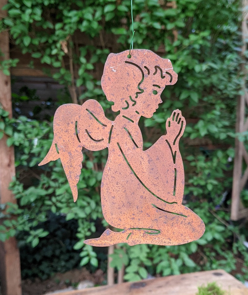 Engel Anhänger 15 cm hoch aus Metall in Edelrost Weihnachtsbaumschmuck