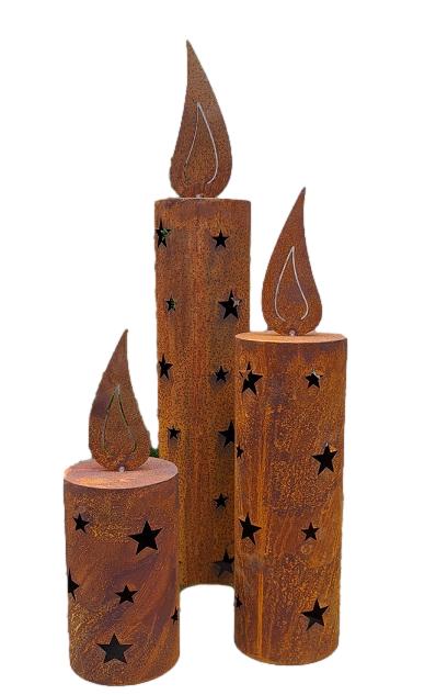 3 er Set Windlichtkerzen 35 + 50 + 70 cm hoch mit Flamme aus Metall in Edelrost Deko Weihnachten Deko
