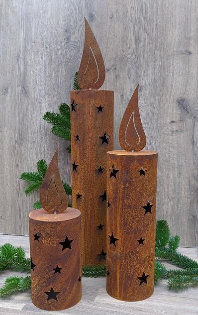 3 er Set Windlichtkerzen 35 + 50 + 70 cm hoch mit Flamme aus Metall in Edelrost Deko Weihnachten Deko