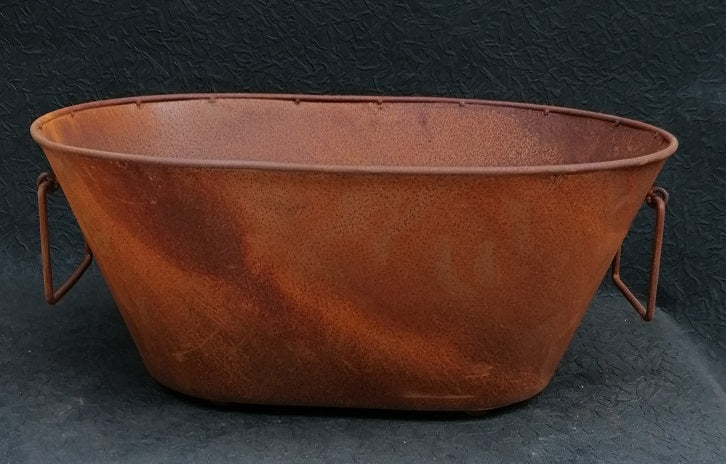 Pflanzwanne / Pflanztrog mit 2 Henkel ca. 34 cm breit aus Metall in Edelrost Pflanzgefäß Blumentopf