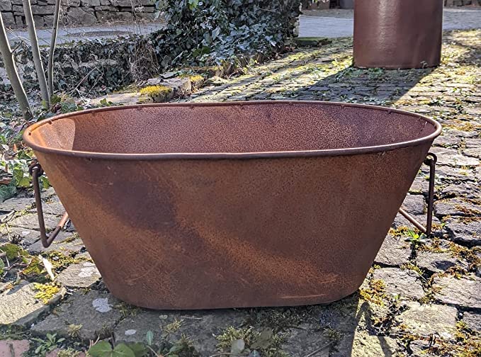 Pflanzwanne / Pflanztrog mit 2 Henkel ca. 51 cm breit aus Metall in Edelrost Pflanzgefäß Blumentopf