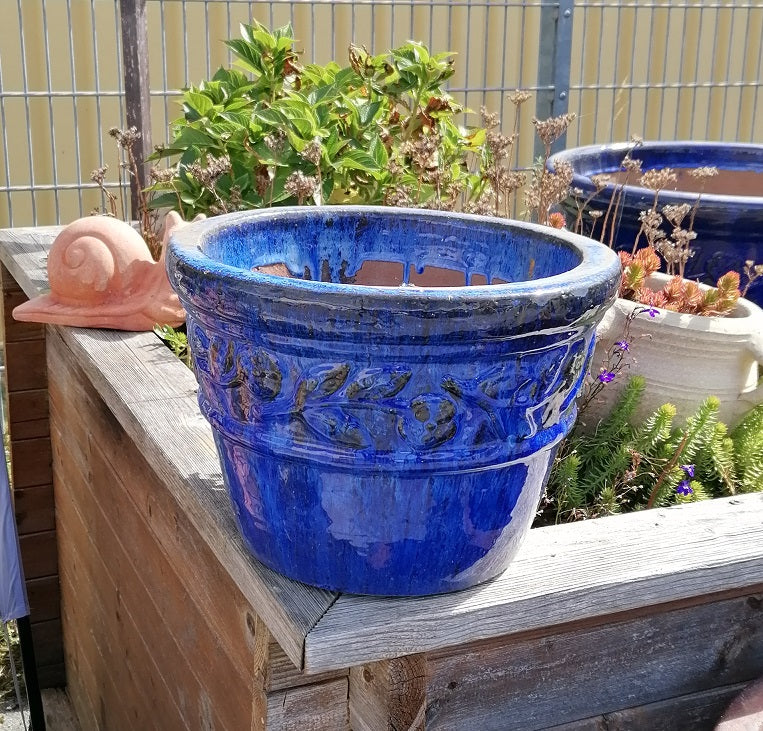 2. Wahl !! Blumentopf winterfest blau glasiert ø ca. 30 cm aus Steinze – La Casa
