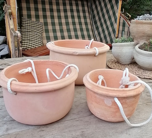3er Set Hängeampeln 25, 19 + 15 cm Durchmesser aus Terracotta, Pflanzgefäß Blumentopf
