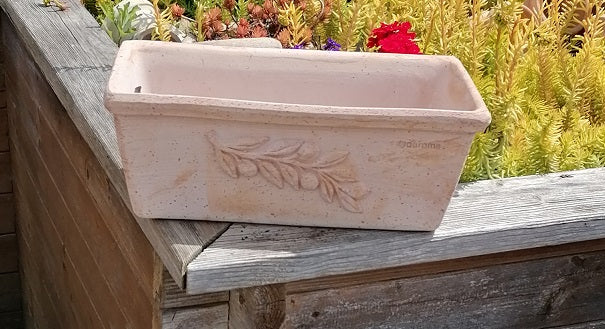 Blumenkasten mit Olivendekor ca. 30 cm breit aus Terracotta, Pflanztopf, Balkonkasten