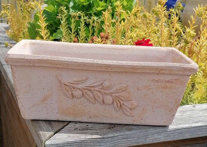 Blumenkasten mit Olivendekor ca. 40 cm breit aus Terracotta, Pflanztopf, Balkonkasten