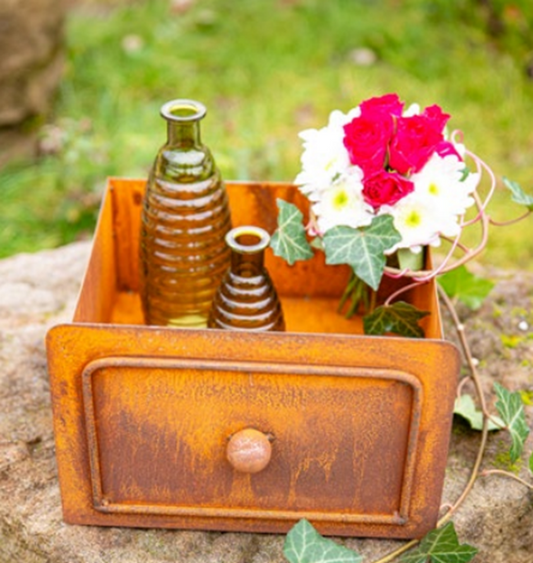 NEU !! Schublade mit Knauf Pflanztopf 27 cm breit aus Metall in Edelrost Blumentopf Pflanzgefäß