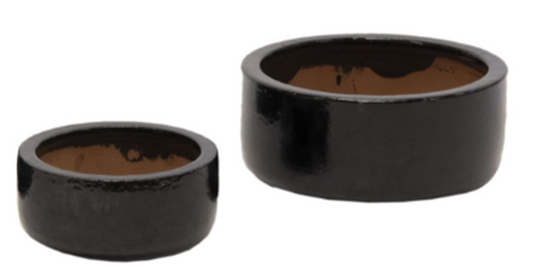 NEU !! 2 er Set Pflanzschalen ø 21 cm +ø 30 cm aus Steinzeug schwarz glänzend glasiert , Pflanztopf Blumenkübel Blumentopf