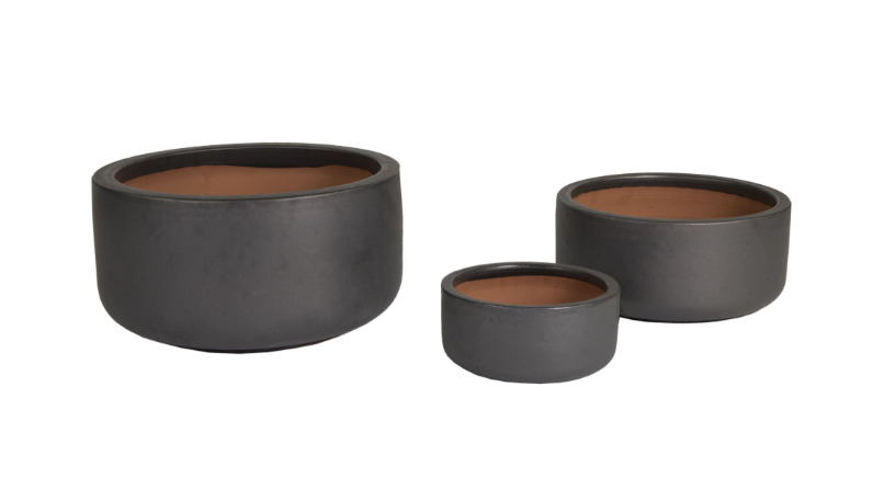 NEU !! 2 er Set Pflanzschalen ø 21 cm +ø 30 cm aus Steinzeug schwarz grau matt / anthrazit glasiert  , Pflanztopf Blumenkübel Blumentopf
