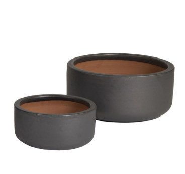 NEU !! 2 er Set Pflanzschalen ø 21 cm +ø 30 cm aus Steinzeug schwarz grau matt / anthrazit glasiert  , Pflanztopf Blumenkübel Blumentopf