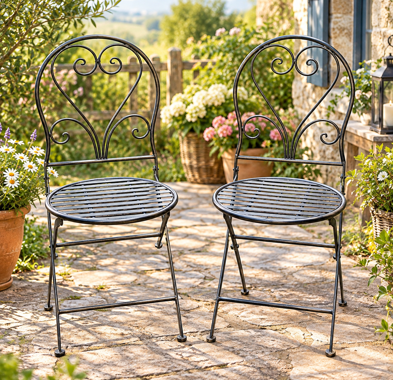 NEU !! 2er Set Graue Bistrostühle mit Herzmotiv aus Metall klappbar Vintage Gartenstuhl Balkon Terrasse Vorgarten Deko